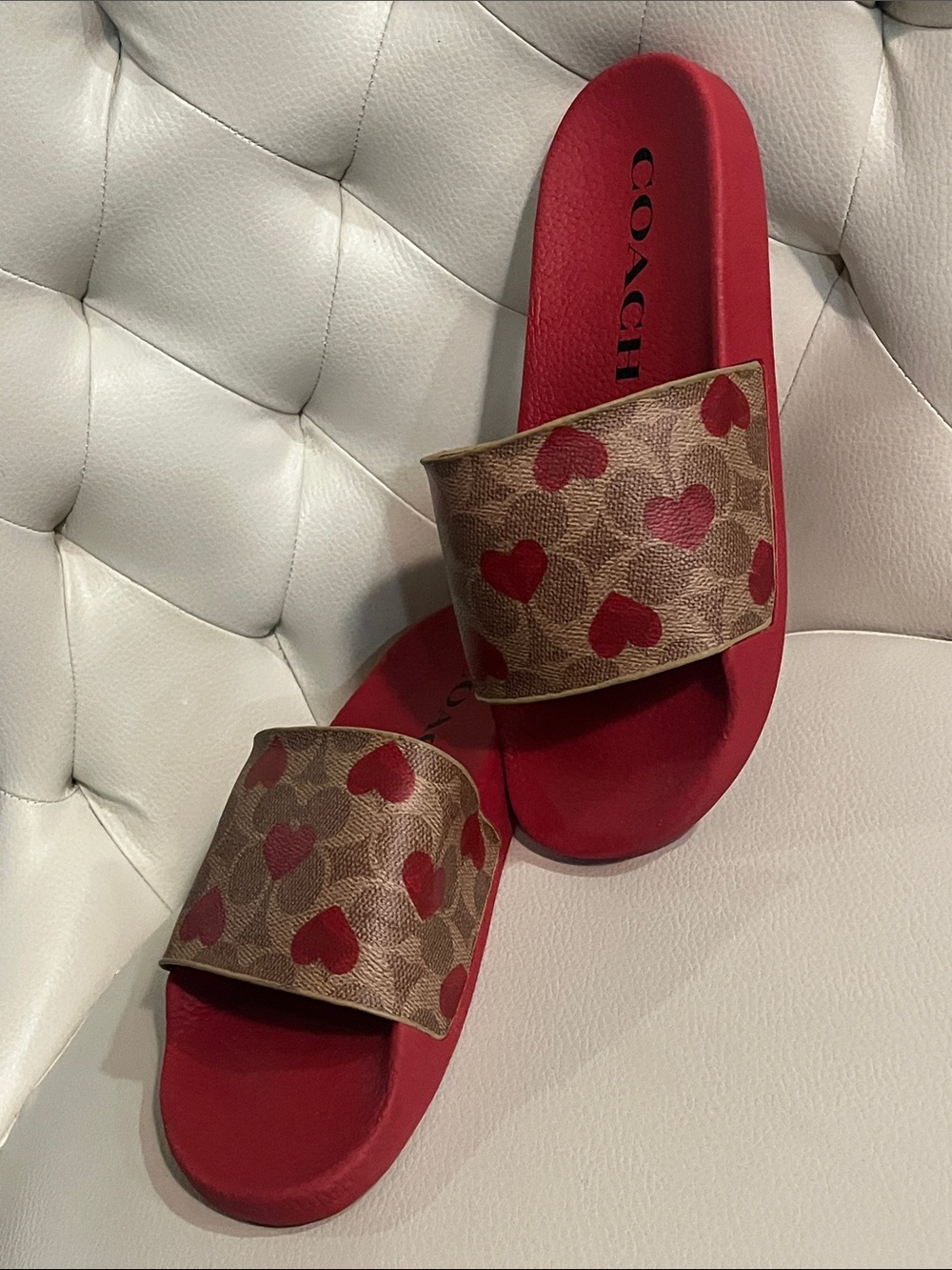 Coach Red Slide Sandals with Signature Heart Print Beautiful Eye Catching - Picture 2 of 10
